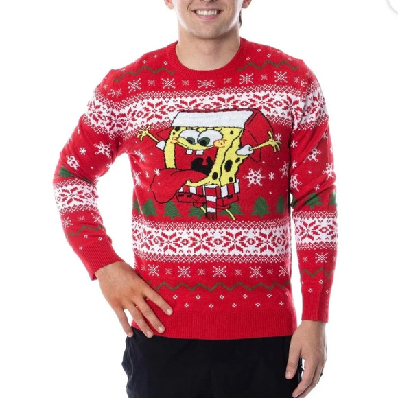 Nickelodeon SpongeBob SquarePants Ugly Christmas Holiday Sweater Red Size Small - Picture 8 of 10